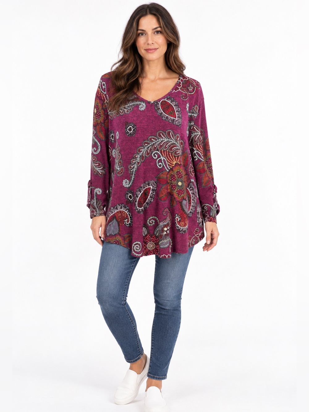 Alfred Dunner XL Purple Paisley Floral Tunic Top 3/4 Sleeve Boho Stretch Blouse